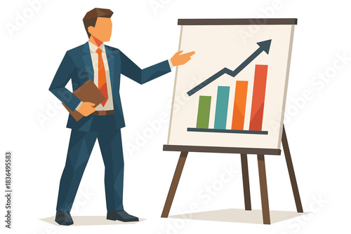 Professional speaker presenting growth chart in geometric style