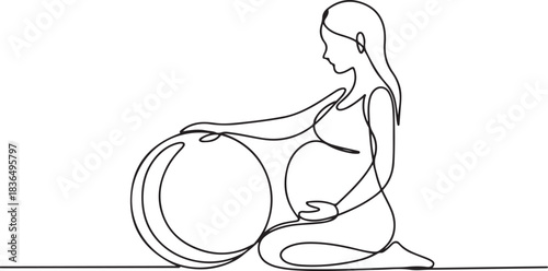 One continuous single drawing line art flat doodle pregnancy, belly, woman, yoga, mother, maternity, sport, ball. one line Icon drawing