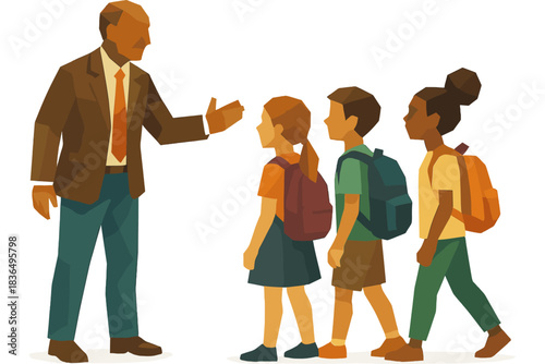 Geometric style teacher guiding students back to school