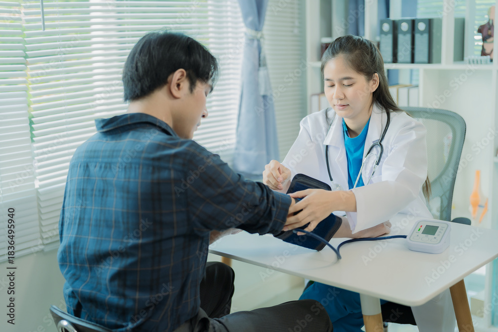 Obraz premium Asian nurse measures blood pressure of young man at home. Asian man happily measuring blood pressure at home.