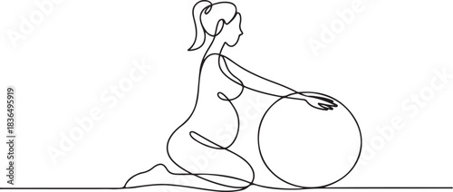 One continuous single drawing line art flat doodle pregnancy, belly, woman, yoga, mother, maternity, sport, ball. one line Icon drawing