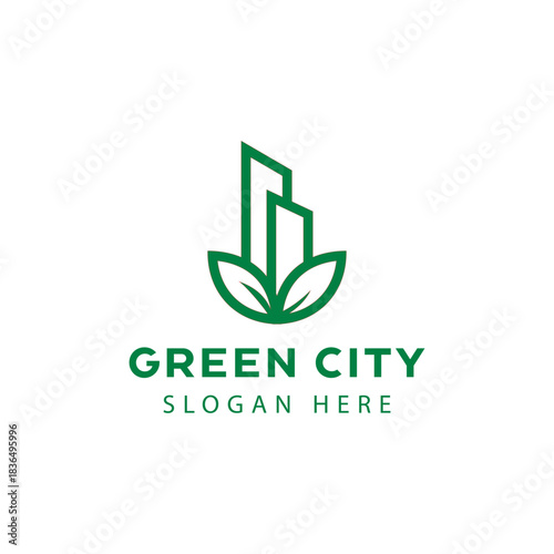 green and healthy modern city with leaf logo design for business, property, building, eco city, future city, architect, environmentally friendly