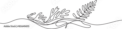abstract marine, river algae, fern. continuous one line art hand drawing sketch, logo. one line Icon drawing