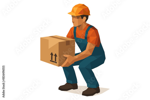 Low poly worker lifting box in safety gear