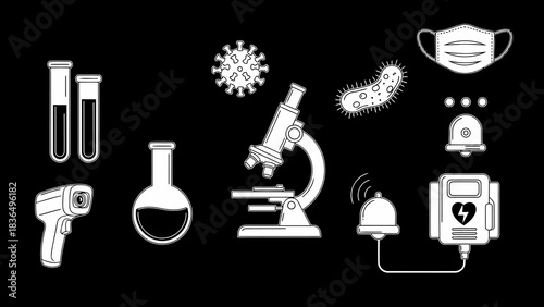 Medical Equipment Icon for Health Care with Microscope Face Mask Thermometer Test Tubes Sanitizer Protection Clinic Tool Virus Germ Defibrillator Vector Graphic Design