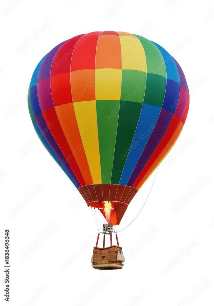 Fototapeta premium photorealistic hot air balloon with vibrant rainbow stripes and woven wicker basket, floating gently against a seamless transparent studio background. concept of freedom and adventure travel