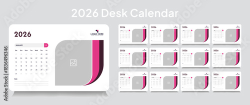 Trendy desk calendar 2026 template, corporate desk calendar schedule 2026 monthly 12-page planner layout, editable vector eps 10 file format