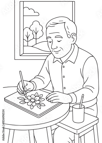 coloring book Father painter drawing colorful flowers on table