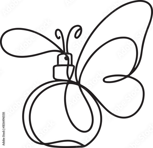 Perfume bottle butterfly vector. Fragrance scent one line continuous drawing. Hand drawn linear illustration. Outline abstract print, banner. one line Icon drawing