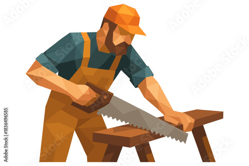 Low poly craftsperson working with hand saw in workshop setting