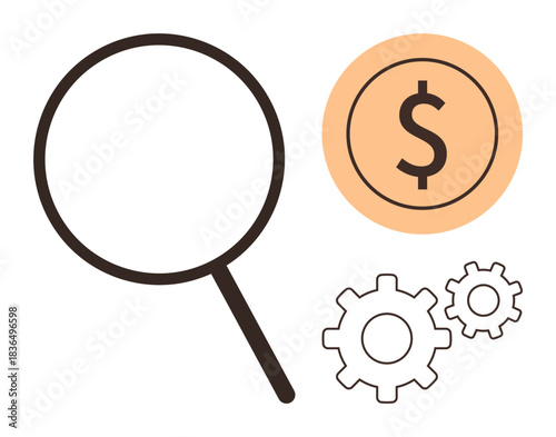 Magnifying glass alongside gears and dollar sign, representing analysis, system optimization, financial concepts, economic growth, operational efficiency, cost management, and problem-solving in