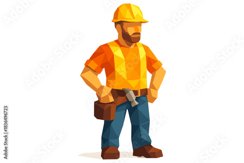 Low poly construction worker with helmet and tool belt on white background