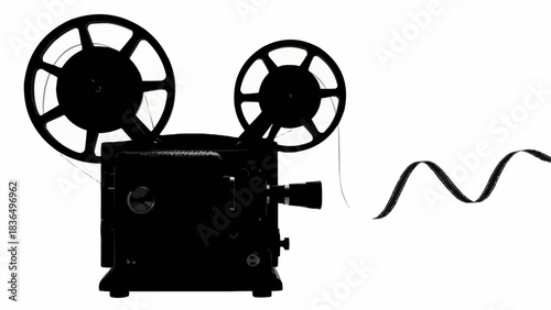 Vintage Film Projector Silhouette with Unspooling Film.