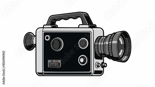 Vintage handheld movie camera illustration in monochrome style.