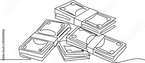 Several bundles of money, cash, banknotes, dollars, hryvnias, euro one line art. Continuous line drawing of bank, money, finance, financial, payment. one line Icon drawing
