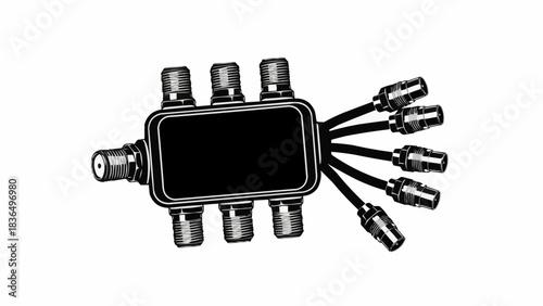 Isolated black and white illustration of a multi-port coaxial cable splitter.