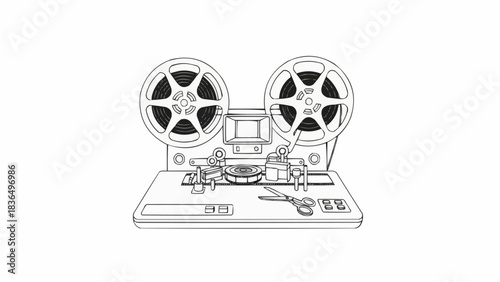 Vintage Reel to Reel Tape Recorder Line Art Illustration.