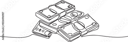 Several bundles of money, cash, banknotes, dollars, hryvnias, euro one line art. Continuous line drawing of bank, money, finance, financial, payment. one line Icon drawing