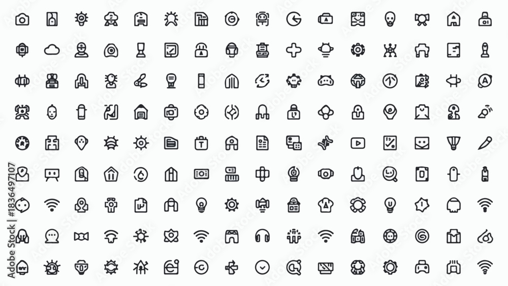 Fototapeta premium Extensive set of 100 outline icons for digital and business applications