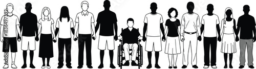 Inclusive community silhouette showing diversity, people of all types holding hands in unity, wheelchair representation, equality theme, flat vector
