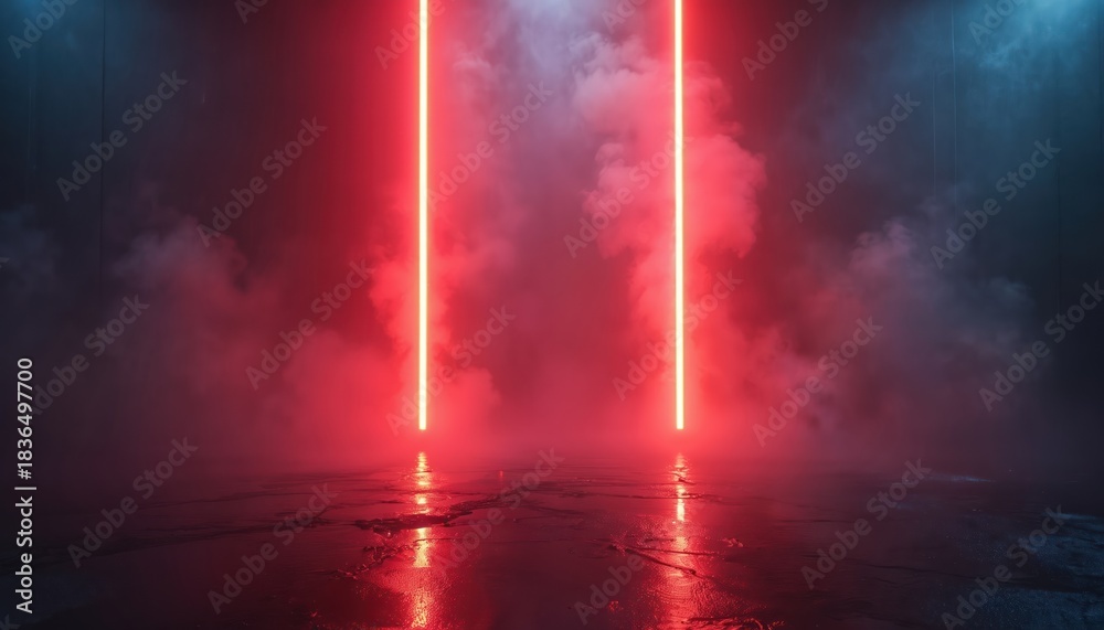 Obraz premium Two red neon beams rise from wet, dark floor. Smoke swirls around lights creating atmospheric, moody scene. Wet ground reflects red and blue lights. Dramatic illumination in mysterious setting.