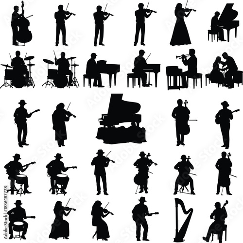 Musician silhouettes playing instruments, violin, cello, piano, guitar, drums, harp, double bass in performance poses, black art, flat vector