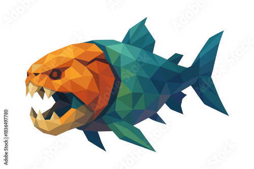 Colorful low poly piranha design with sharp teeth and geometric shapes