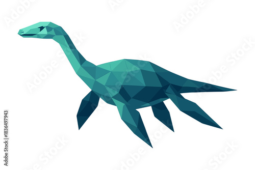 Geometric low poly dinosaur in shades of blue on white background