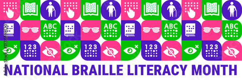 National Braille Literacy Month Geometric shape pattern background, banner, card or poster design template is observed every year during January, to raise awareness about the mission. Vector 