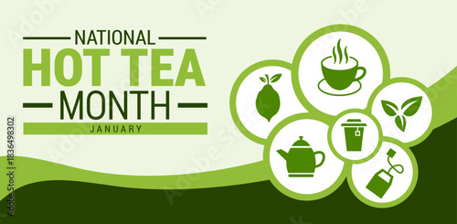 National hot tea month background, banner, card or poster design template is observed every year during January, to raise awareness about the mission. Vector illustration.