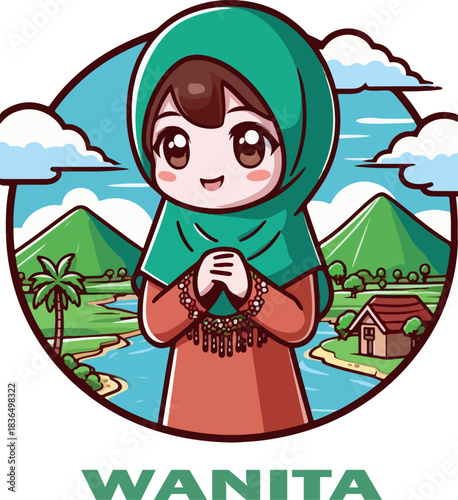 wanita cartoon clipart and landscape logo vector white background .