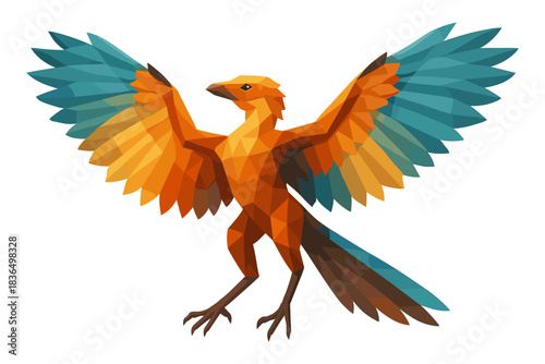 Polygonal bird with outstretched wings in vibrant geometric art style