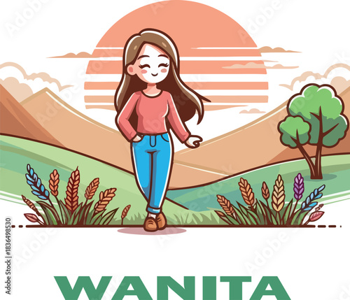 wanita cartoon clipart and landscape logo vector white background .