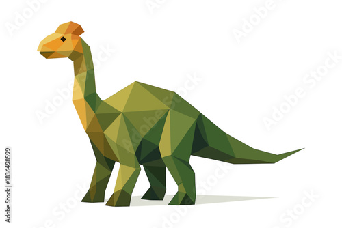 Geometric dinosaur art featuring low poly green brachiosaurus on white background