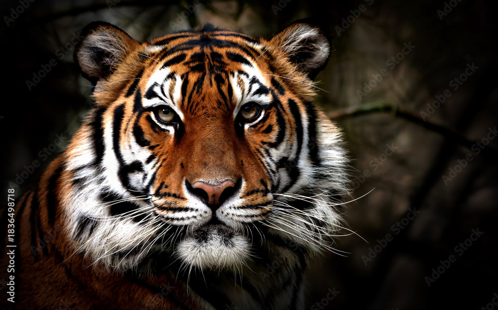 Obraz premium Close-Up Portrait of Majestic Tiger Face Looking Directly at Camera