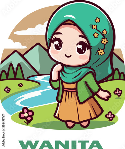 wanita cartoon clipart and landscape logo vector white background .