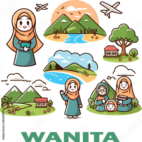 wanita cartoon clipart and landscape logo vector white background .