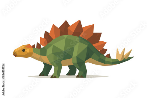 Low poly stegosaurus art with geometric shapes and vibrant colors on white