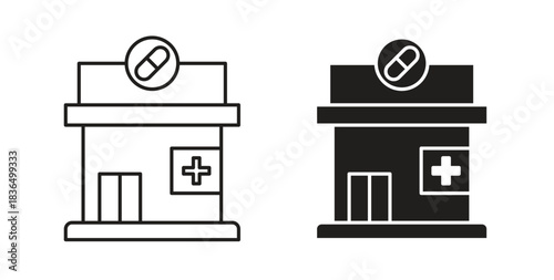 Pharmacy icon in line design and solid black and white colors for designs