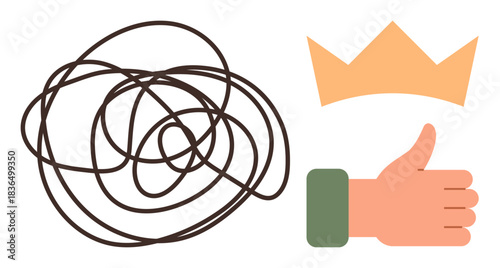 Tangled lines symbolizing confusion next to a crown and thumbs-up hand showing success, leadership, approval, achievement, organization, growth, and positive transformation. A simple flat metaphor