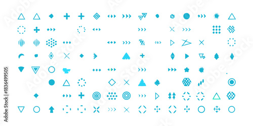 Set of 100 geometric shapes. Memphis design, retro elements for web, vintage, advertisement, commercial banner, poster, leaflet, billboard, sale. Collection trendy halftone vector geometric shapes.