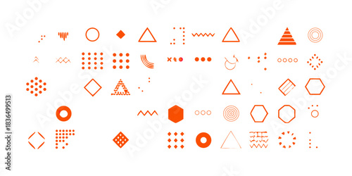 Set of 100 geometric shapes. Memphis design, retro elements for web, vintage, advertisement, commercial banner, poster, leaflet, billboard, sale. Collection trendy halftone vector geometric shapes.