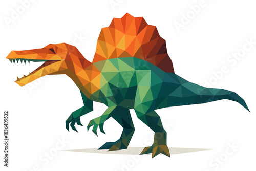 Polygonal dinosaur with vibrant colors and geometric style
