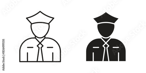 Police icon in line design and solid black and white colors for designs