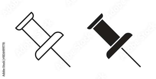 Push pin icon in line design and solid black and white colors for designs
