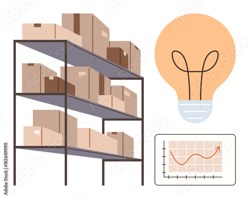 Storage racks filled with boxes, a rising data graph, and a lightbulb highlight concepts of inventory, business growth, efficiency, organization, logistics, innovation, and simple flat metaphor