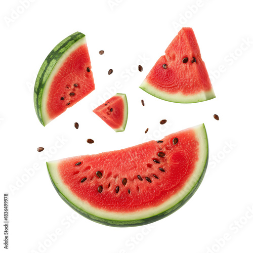 Floating watermelon slices against a clean backdrop offering a refreshing summer vibe with an