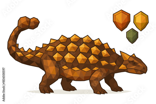 Low poly dinosaur with geometric elements on white background