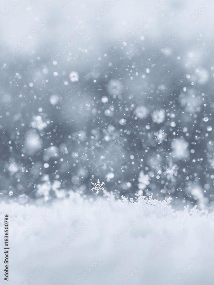 Obraz premium Macro view of falling snowflakes with frosty snow crystals on the ground and soft focus wintry background