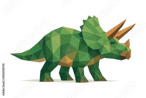 Geometric low poly triceratops in green tones with orange horns